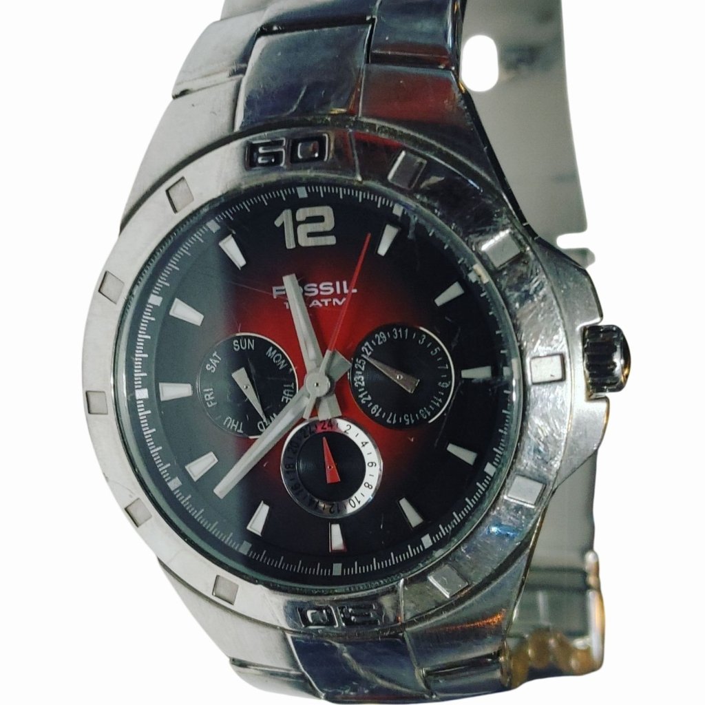Fossil Stainless Steel Watch With Multifunction Red Dial  Bracelet Band